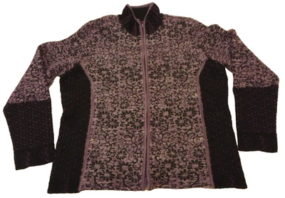 DISEÑO ISLANDÉS Mujer Cárdigan Púrpura Suéter Mezcla Lana Floral Cremallera Completa XL Foto 1 de 4