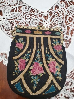 RARE ANTQ. Embroidered Purse " French Petit Point " Brass Frame & Jade Clasp? - Image 1 of 4