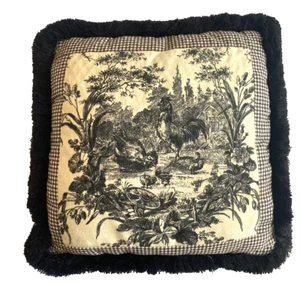 Toile Throw Pillow Black White Rooster Chicken Gingham Check 14" French Country - Picture 1 of 10