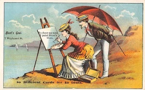 Tarjeta comercial victoriana Hunts Coal Lady Paints To Cheer My Soul I Paint Hunts Carbón - Imagen 1 de 2