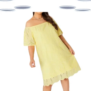Ex Women's Curve Plus Size Broderie Anglaise Bardot Dress - Yellow (Defect) - Picture 1 of 2