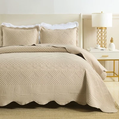Juego de edredones tamaño queen caqui 3 piezas en relieve color liso conjunto de cobertores Lightwei... Foto 1 de 4