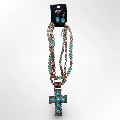 Blazin Roxx falso turquesa cobre frisado cruz colar com brincos NOVO - Imagem 1 de 4