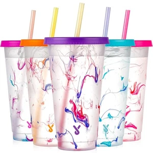 Color Changing Cold Cups with Lids and Straws - 5 Pack 24 oz Plastic Cute Tum... - Picture 1 of 4
