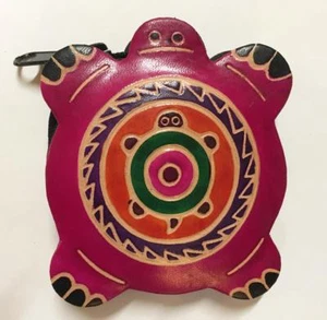 Shantiniketan Hippie Böhmisch Indien bemalt Leder Schildkröte Münzbörse Pink - Bild 1 von 1