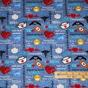 Nurse RN Hero Medical Nursing EKG Scrub Hat Mask Cotton Fabric 1/2 Yard #10321 - Picture 1 of 3
