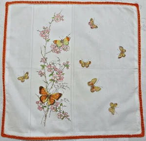 "PAÑUELO DE COLECCIÓN AUTÉNTICO ARTE FLORAL BORDADO MARIPOSA BORDE ALGODÓN 12" - Imagen 1 de 3
