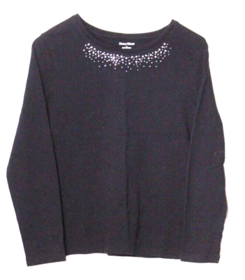 STUDIO WORKS TEE SHIRT ladies size L black silver rhinestone long sleeve cotton - Image 1 of 4