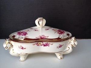Rare Vtg Candy Nut Dish & Lid Japan 3 sections hand painted birds foot Art Work - Picture 1 of 12