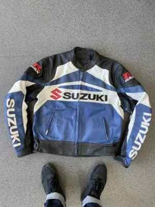 Vintage Team Suzuki Leather Jacket Moto Racing Motul Michelin NGK Extra Large XL - Picture 1 of 15