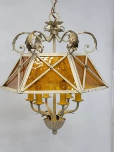Vintage 1940er italienischer Kronleuchter Bernsteinglas 6 Licht Kandelaber - Bild 1 von 10