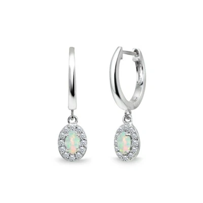 Oval-Cut Synthetic Opal & CZ Halo 925 Silver Dangle Huggie Hoop Earrings - Image 1 of 4