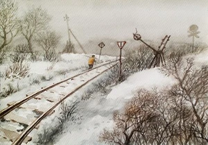Watercolour Original Art Countryside Painting Snowy Landscape Railroad Winter - Picture 1 of 5