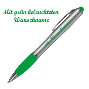 Touchpen Kugelschreiber mit Namensgravur im farbigen LED Licht - silber-grün - Bild 1 von 2