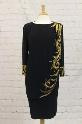 Vintage Bob Mackie Black Long Sleeve Dress with Elaborate Gold Beading Size 8 - Image 1 of 4