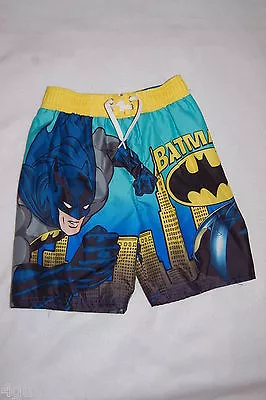 Boys Swim Trunks BATMAN GOTHAM CITY Blue Gray Yellow REAR POCKET Size 5-6 - Image 1 of 2