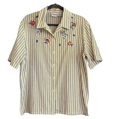 Vintage Napa Valley Petites Grandes Listras Amarelas e Azuis Flores Bordadas SS - Imagem 1 de 4