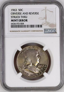 1963 FRANKLIN HALF DOLLAR OBVERSE & REVERSE STRUCK THRU NGC MINT ERROR - Picture 1 of 2