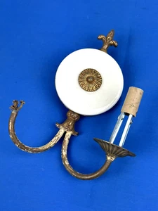C.1920 Brass Sconce Light Fixture w/ Center Milk Glass Disc, Fleur De Lis Top! - Picture 1 of 9