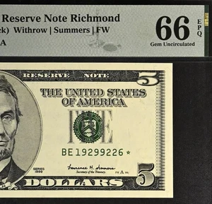 1999 $5 Federal Reserve Note PMG 66EPQ - Fancy Serial Number Star 19299226* - Picture 1 of 3