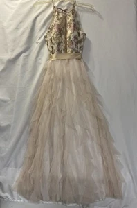 Nights by Teeze Me Beige Floral Ruffled Long Formal Dress SZ 1 - Picture 1 of 11