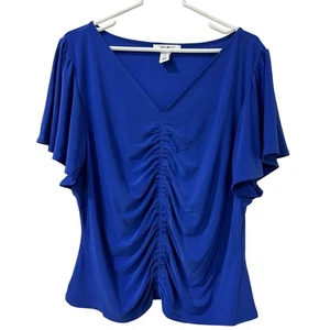 White House Black Market Womens Sz XL Royal Blue V Neck Ruched Blouse Office - Picture 1 of 5