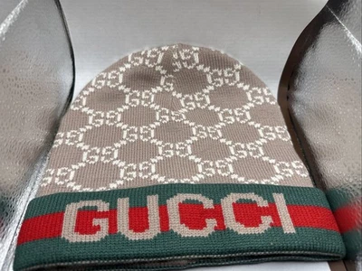 Gucci Web Knit Beanie  GG monogram pattern Lana Wool red and green stripes NEW - Image 1 of 3