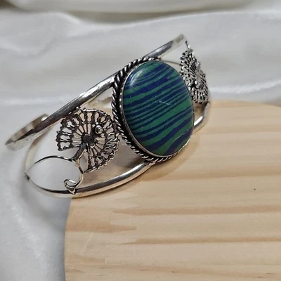 925 Sterling Silver Plated Calsilica Blue Green Natural Gem Stone Cuff Bracelet - Image 1 of 4