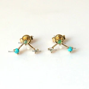 Solid 14k Yellow Gold Turquoise & Opal Gemstone With Diamond Arrow Studs Earring - Picture 1 of 3