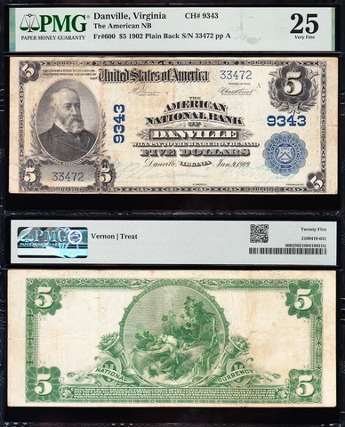 Nice SCARCE Bold & Crisp VF+ 1902 $5 DANVILLE, VA National Banknote! PMG 25! Cover