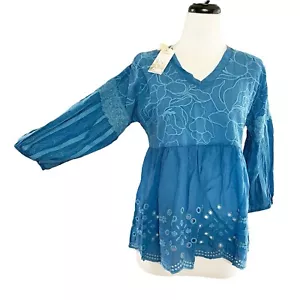 Johnny Was Gracie Latitude Blouse Women’s S Blue Embroidered Eyelet Lace Peasant - Picture 1 of 6