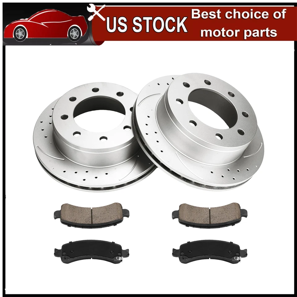 For Chevrolet Express 3500 GMC Savana 3500 Rear Drilled Disc Rotors & Brake Pads - Image 1 of 4
