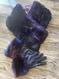 TED BAKER Jullian Matching Faux Fur Scarf & Leather Gloves Blue/Purple - Picture 1 of 7