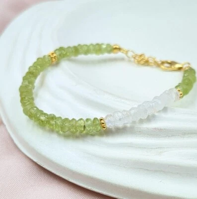 Moonstone & Green Peridot 2 Multi Gemstone Beads  Women Delicate Bracelet 6-8" - Image 1 of 4