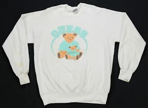 Rare Vintage GUESS Teddy Bear Spell Out 1985 Crewneck Sweatshirt 80s White SZ M - Picture 1 of 12