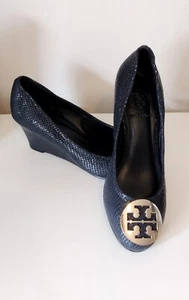 Zapatos de cuña Tory Burch UK 3 US 6 piel de serpiente azul oscuro negro - Imagen 1 de 14