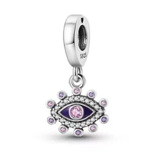 Ciondolo Originale Argento Sterling 925 Cristallo Rosa Occhio Protezione Malocchi Buona Fortuna - Foto 1 di 2