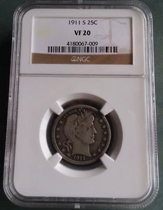 1911-S Barber Quarter, NGC VF-20 - Picture 1 of 4