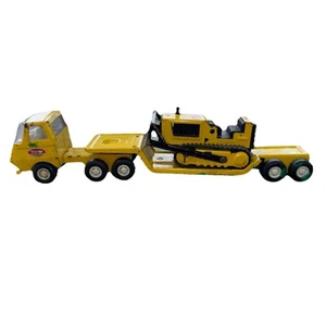 Vintage Tonka Pressed Steel Tractor & Lowboy Trailer With Bulldozer - Picture 1 of 3