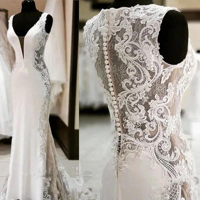 Sexy Mermaid Wedding Dresses Deep V Neck Lace Appliques Back Satin Bridal Gowns - Image 1 of 4