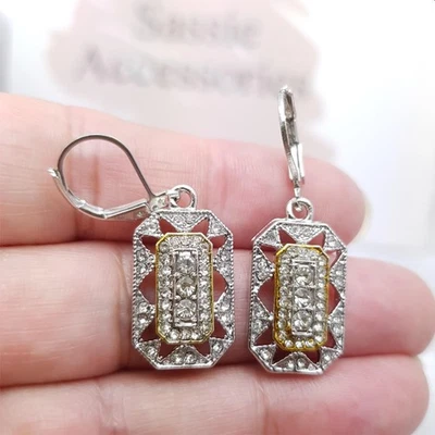 Pendientes colgantes de plata oro cristal Art Deco 1920 boda novia marcasita brillo Foto 1 de 4