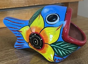 Mexican Folk Art Hand Painted Open Mouthed Fish Figurine Pot Scrub Colorful! - Picture 1 of 7