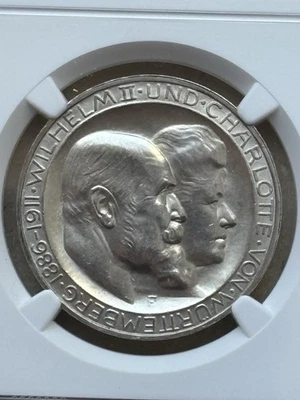 Württemberg 3 Mark 1911 F Silberhochzeit Hohes H !!! NGC UNC Detail - Bild 1 von 4