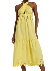 Vestido Halter River Island Cutwork M Amarillo Ojales Algodón Midi Boho Versátil - Imagen 1 de 24