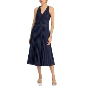 Women Cinq A Sept V-neck Pleated Denim Tank Midi Dress - Picture 1 of 5