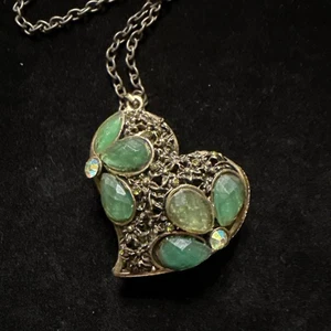 Bronze Tone Puffy Heart Necklace With Green Rhinestones Floral Ornate (Lot# 360) - Picture 1 of 5