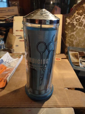 Tarro desinfectante barbicida de vidrio vintage de peluquería nuevo con papeleo sin caja  Foto 1 de 4