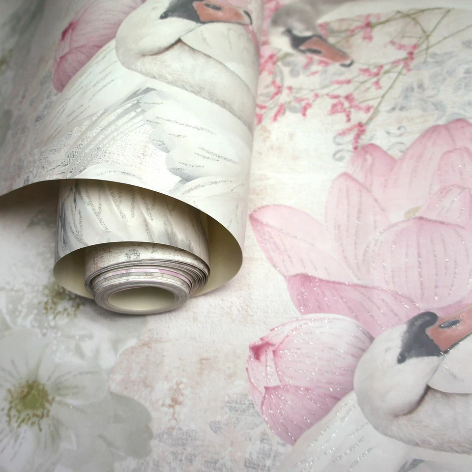 HOLDEN 90700 PINK GLITTER SWANS WALLPAPER - SILVER HIGHLIGHTS, DAMASK, VINTAGE - Image 1 of 3