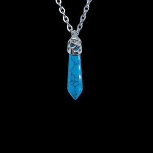 US Seller Hexagon Pillar Silver Blue Pendant Necklace Agate Healing Stone Chakra - Picture 1 of 50