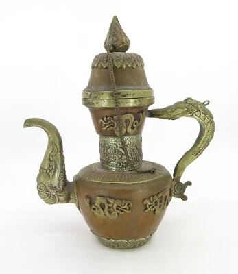 Antigua tetera tibetana de cobre y latón con tapa de mantequilla de café de 8,5" de alto x 7" de ancho Foto 1 de 4